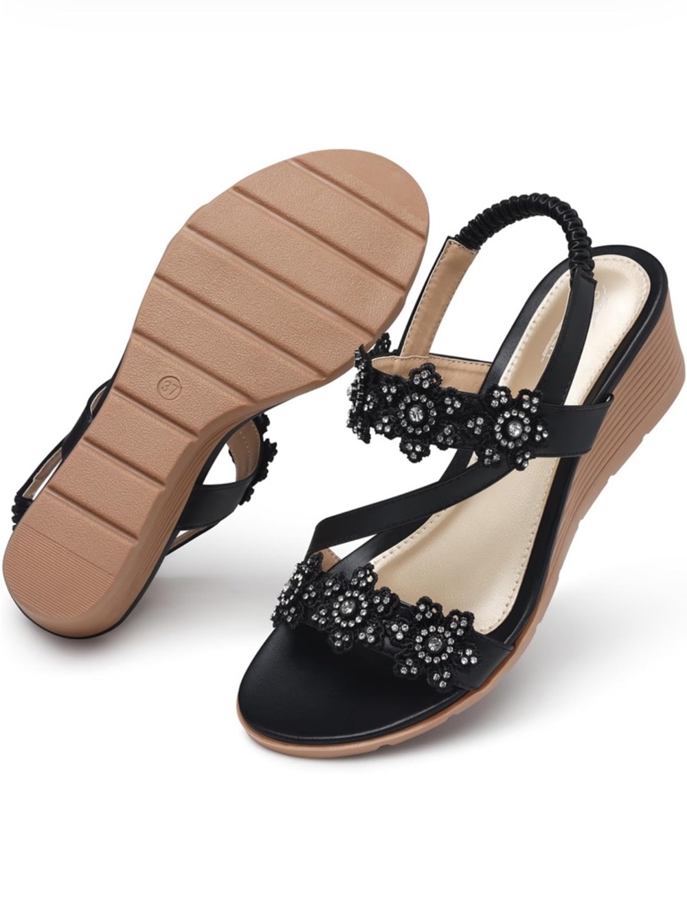 SHIBEVER Sandals Wedge Flower Rhinestone Slip on Versatile Suede lightweight